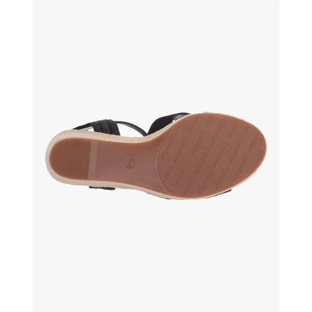 CALVIN KLEIN ELORY Suede LEATHER Cross Strap Espadrille Wedge Sandal 9.5 M BLACK
